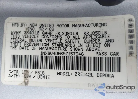 2009 Toyota Corolla Le from USA, damaged, VIN 1NXBU40E69Z157646